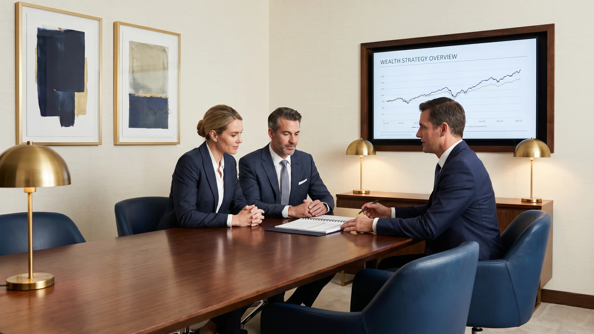 Executive couple reviewing wealth plan with advisor in private banking office